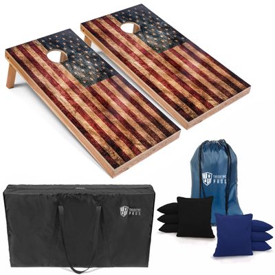 Tailgating Pros Rustic American Flag Cornhole Boards w/Bean Bags - 4'x2' Distressed Flag Cornhole Game w/Carrying Case & Corn Hole Bags