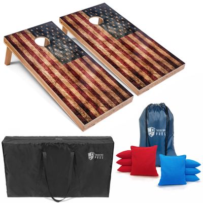 Tailgating Pros Rustic American Flag Cornhole Boards w/Bean Bags - 4'x2' Distressed Flag Cornhole Game w/Carrying Case & Corn Hole Bags