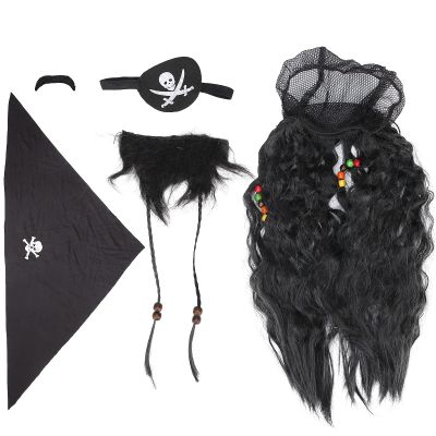 Sonew Pirate Costume Decoration, Wig + Headscarf + Fake Mustache + Fake Beard + Eye Patch, Party Pirate Accessories for Pirate Party Cosplay Fancy Dress