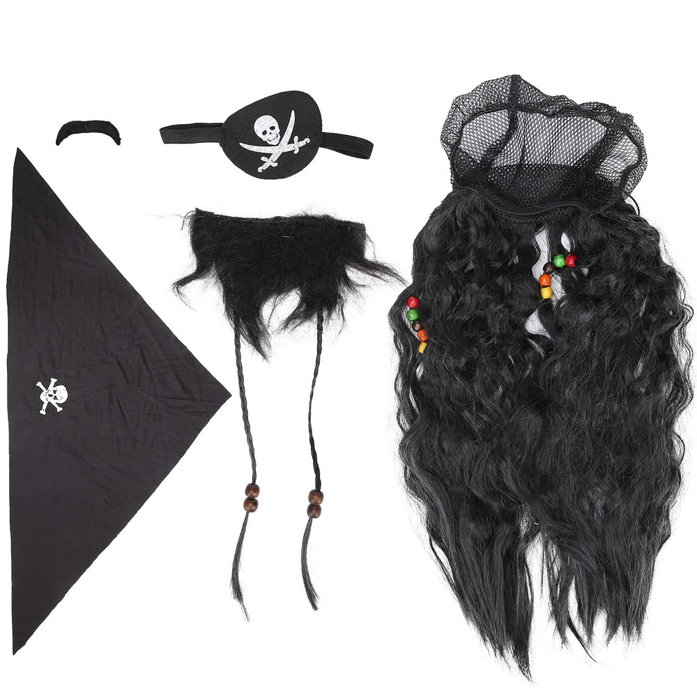 Sonew Pirate Costume Decoration, Wig + Headscarf + Fake Mustache + Fake Beard + Eye Patch, Party Pirate Accessories for Pirate Party Cosplay Fancy Dress