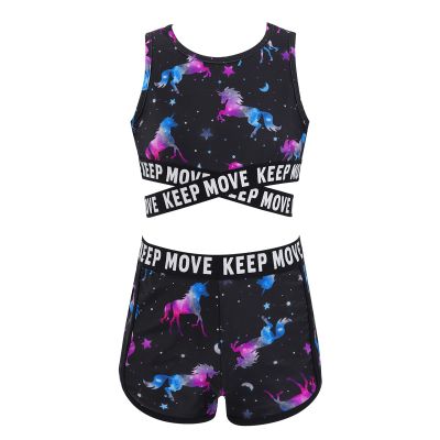 YONGHS Girls Swimming Gymnastics Sports Tankini Outfit Racerback Crop Top with Swim Shorts Rash Guard Black Horse A 16 Years