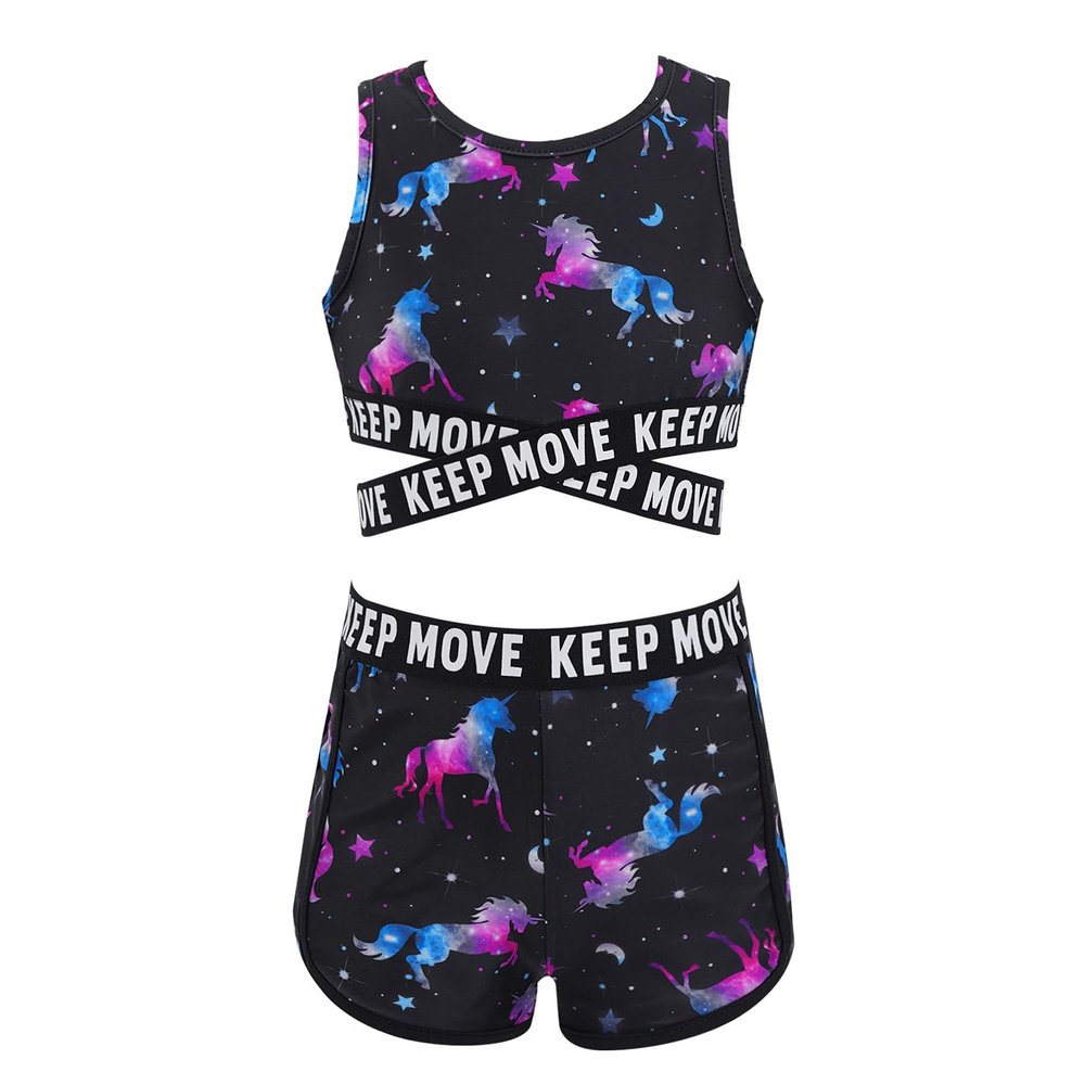 YONGHS Girls Swimming Gymnastics Sports Tankini Outfit Racerback Crop Top with Swim Shorts Rash Guard Black Horse A 16 Years