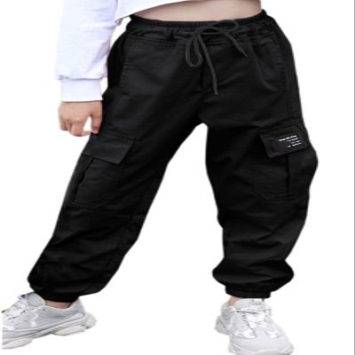 AOWKULAE Big Girls Cargo Pants, Drawstring Elastic Waist Loose Tapered Cargo Jogger Pants with Multi Pockets for Girl, Black, 11-12 Years = Tag 160
