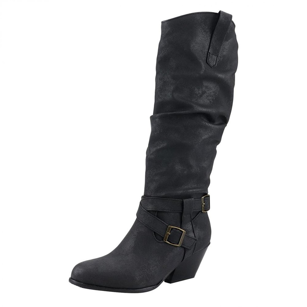 Hbeylia Knee High Boots For Women Fashion Casual Slouchy Ruched Round Toe Chunky Block High Heels Knee Length Boots Winter Fall Dress Stuffed Pull On Mid Calf Tall Boots For Ladies Halloween Decor
