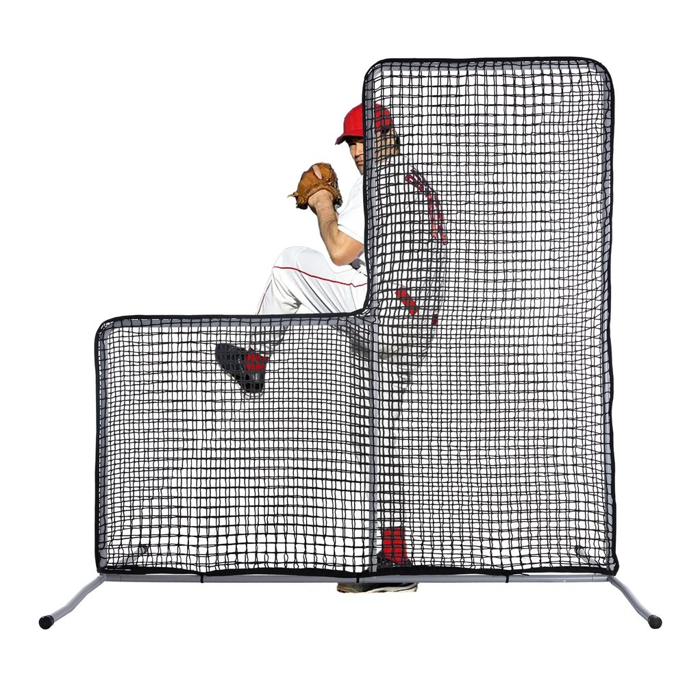 Doubleriver L Screen Baseball Net 7x7, Portable Pitching Guard for Batting Practice, 32mm Thick Steel Tube Frame with Low Rebound Mesh, Protective Safety Gear for Coaches and Teams