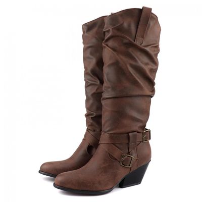 Hbeylia Knee High Boots For Women Fashion Casual Slouchy Ruched Round Toe Chunky Block High Heels Knee Length Boots Winter Fall Dress Stuffed Pull On Mid Calf Tall Boots For Ladies Halloween Decor
