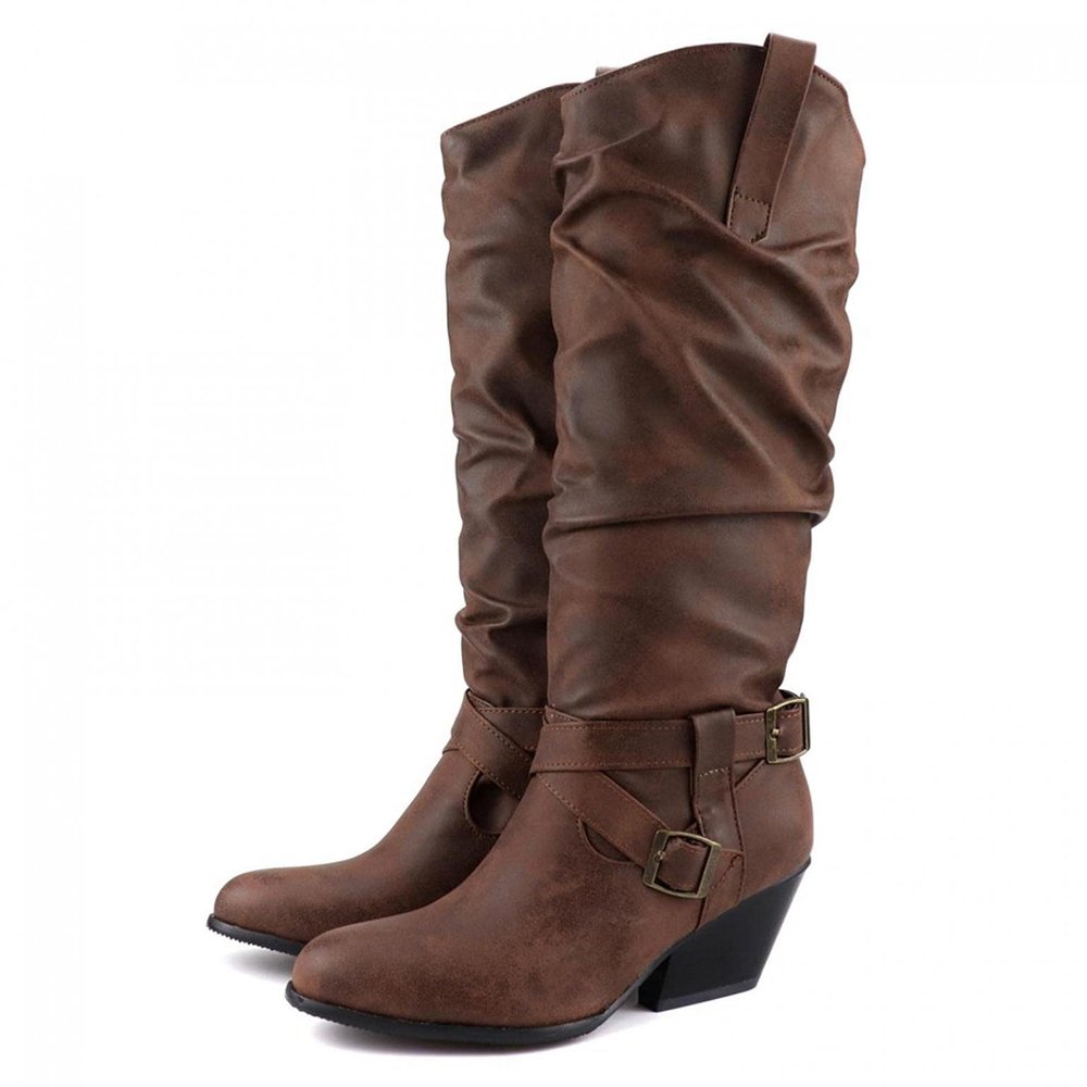 Hbeylia Knee High Boots For Women Fashion Casual Slouchy Ruched Round Toe Chunky Block High Heels Knee Length Boots Winter Fall Dress Stuffed Pull On Mid Calf Tall Boots For Ladies Halloween Decor