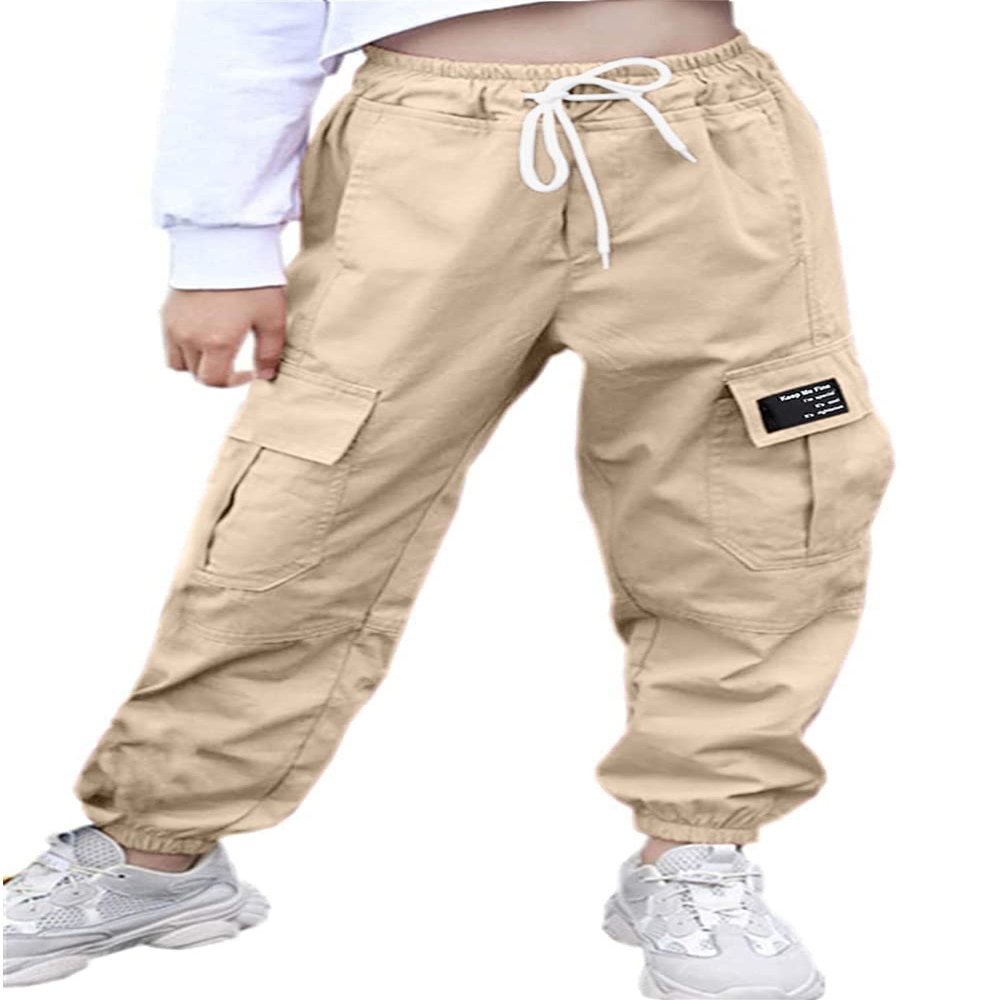 AOWKULAE Big Girls Cargo Pants, Drawstring Elastic Waist Loose Tapered Cargo Jogger Pants with Multi Pockets for Girl, Khaki, 11-12 Years = Tag 160