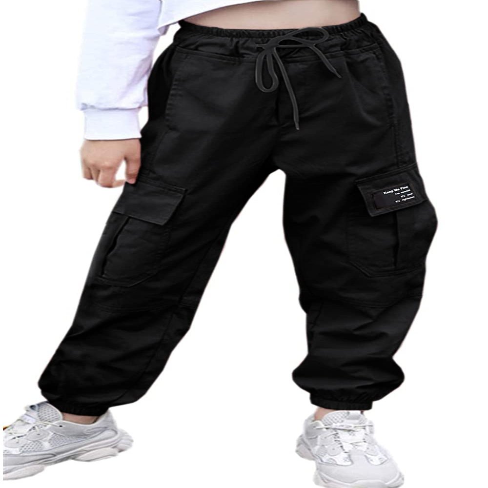 AOWKULAE Big Girls Cargo Pants, Drawstring Elastic Waist Loose Tapered Cargo Jogger Pants with Multi Pockets for Girl, Black, 9-10 Years = Tag 150