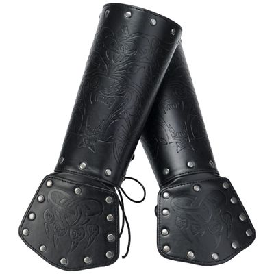 HiiFeuer Viking Fenrir Gauntlet, Medieval Faux Leather Arm Armor Knight Bracer, LARP Costume (Black)