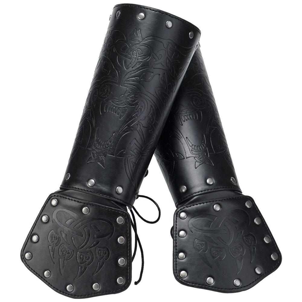 HiiFeuer Viking Fenrir Gauntlet, Medieval Faux Leather Arm Armor Knight Bracer, LARP Costume (Black)