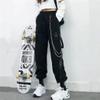 RFXZSAQD Women Cargo Harem Pants, Punk Pockets Jogger Trousers with Chain, Harajuku Elastics High Waist Streetwear Black view 2