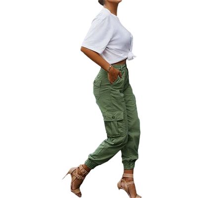 Casual Cargo Stacked Pants, Women Spring Autumn High Waist Harem Pants, Pocket Sweat Pants Jogger Trousers Army Green