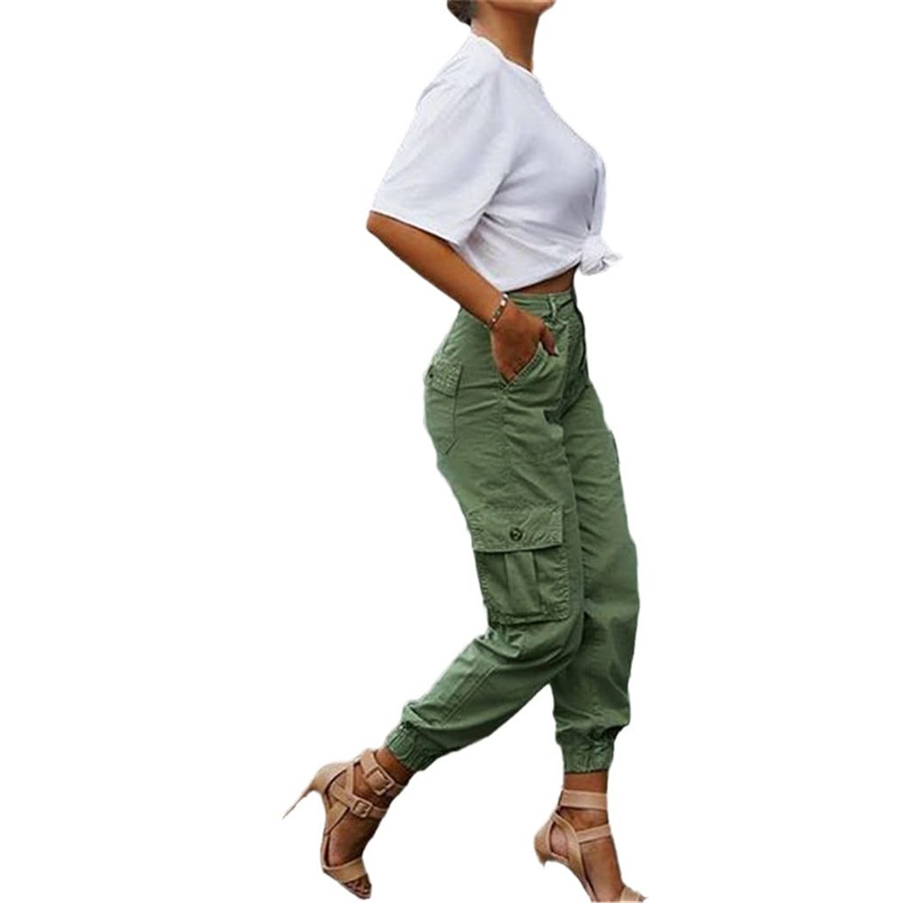 Casual Cargo Stacked Pants, Women Spring Autumn High Waist Harem Pants, Pocket Sweat Pants Jogger Trousers Army Green