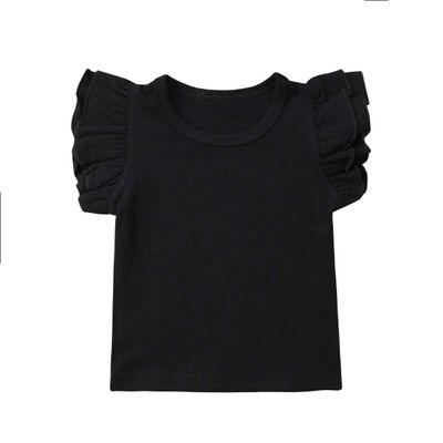 Qiylii Kids Baby Girl Plain Tee Shirts Ruffle Short Sleeve Basic Cotton T-Shirt Tops Blouse Clothes for Toddler (Black, 3-4 Years)