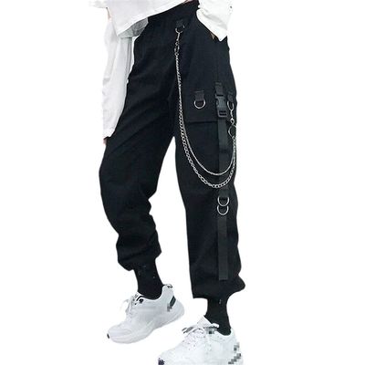 RFXZSAQD Women Cargo Harem Pants, Punk Pockets Jogger Trousers with Chain, Harajuku Elastics High Waist Streetwear Black