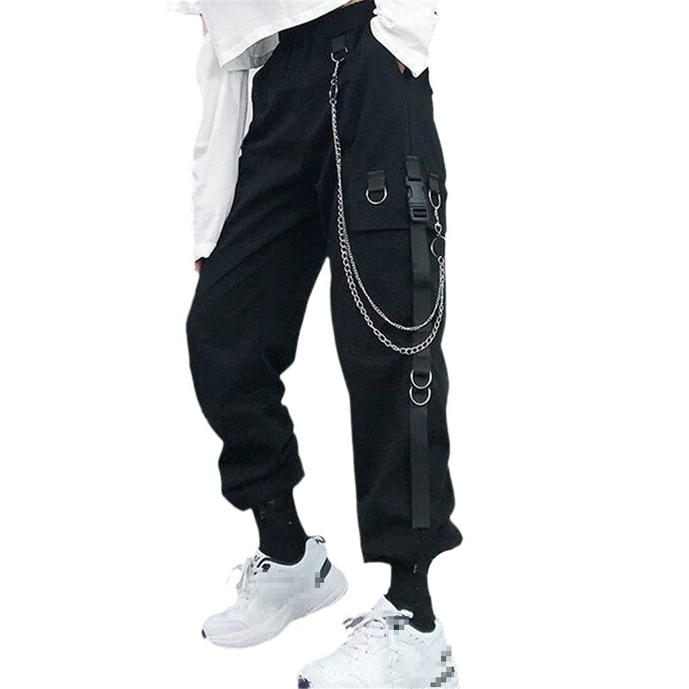 RFXZSAQD Women Cargo Harem Pants, Punk Pockets Jogger Trousers with Chain, Harajuku Elastics High Waist Streetwear Black