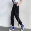 RFXZSAQD Women Cargo Harem Pants, Punk Pockets Jogger Trousers with Chain, Harajuku Elastics High Waist Streetwear Black view 3