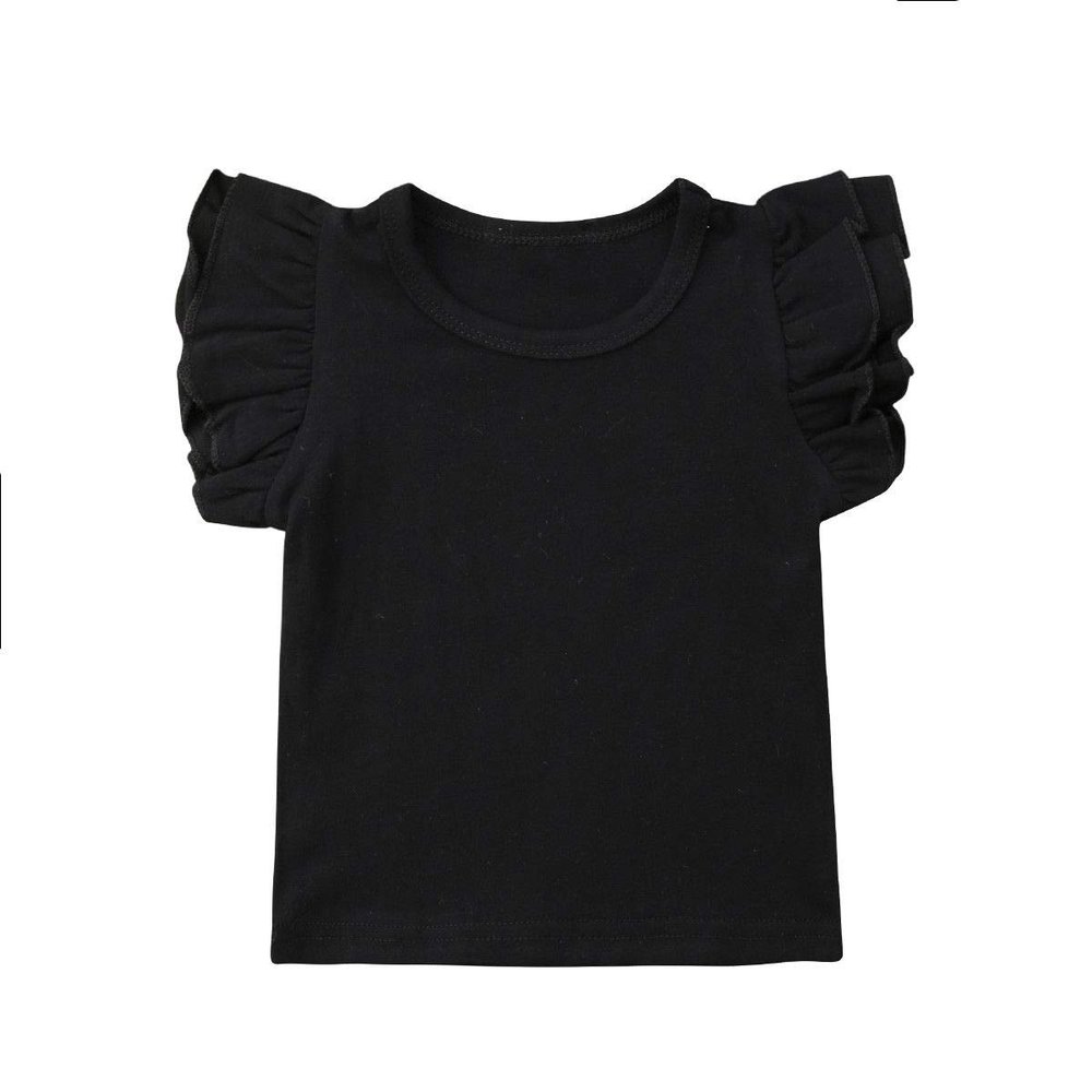 Qiylii Kids Baby Girl Plain Tee Shirts Ruffle Short Sleeve Basic Cotton T-Shirt Tops Blouse Clothes for Toddler (Black, 1-2 Years)
