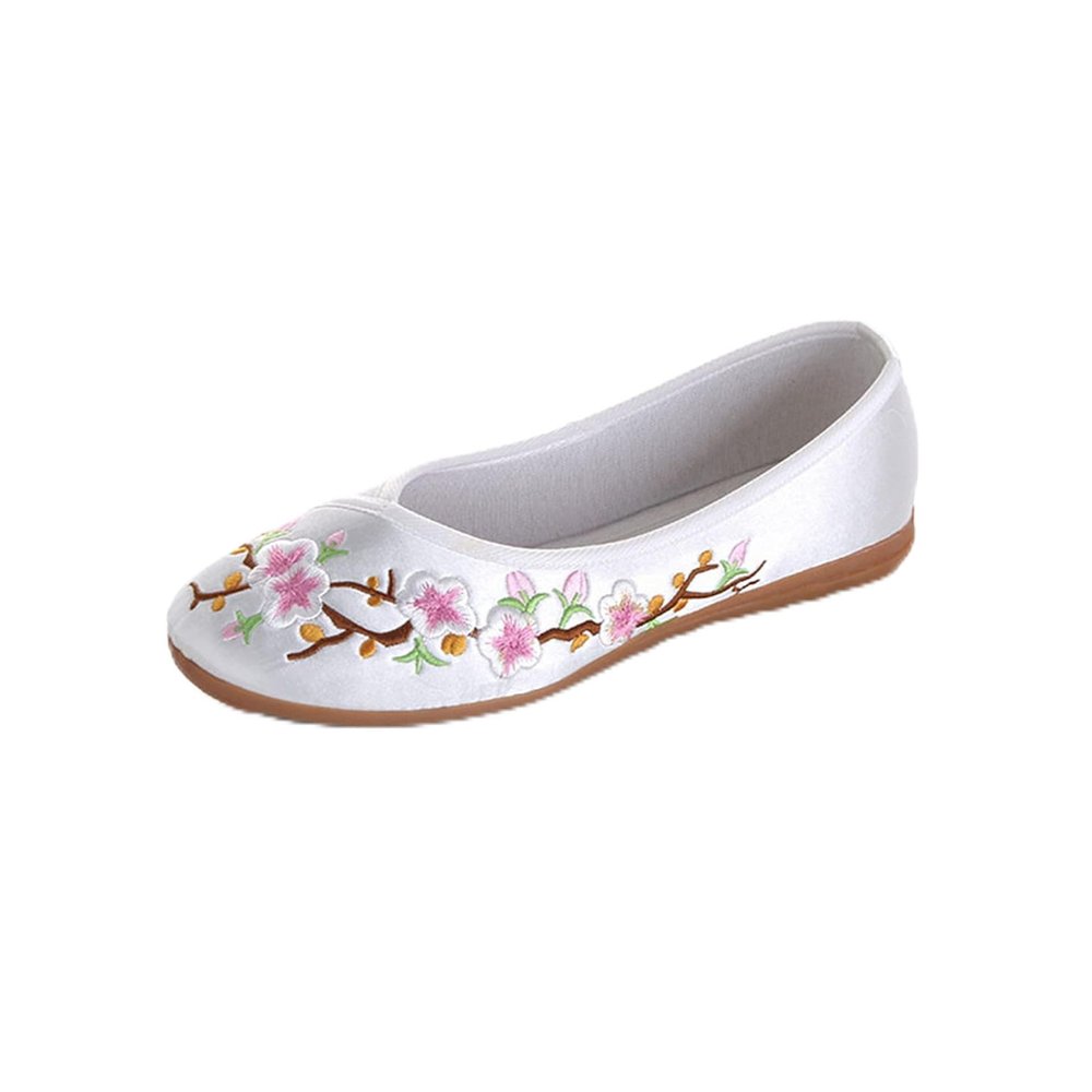 LUXINYU Women's Slip on Flats,Traditional Chinese Style Embroidered Round Toe Ballet Flats ShoesWhite 5.5