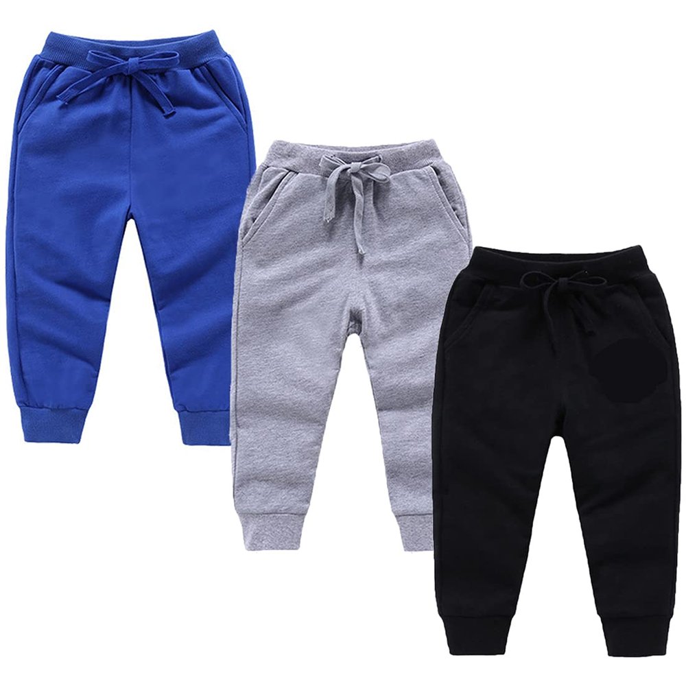 EISHOW 3-Pack Boys Sweatpants, Toddler Girls Cotton Elastic Jogger Pants Active Sports Leggings 1-12 Years Old Trousers