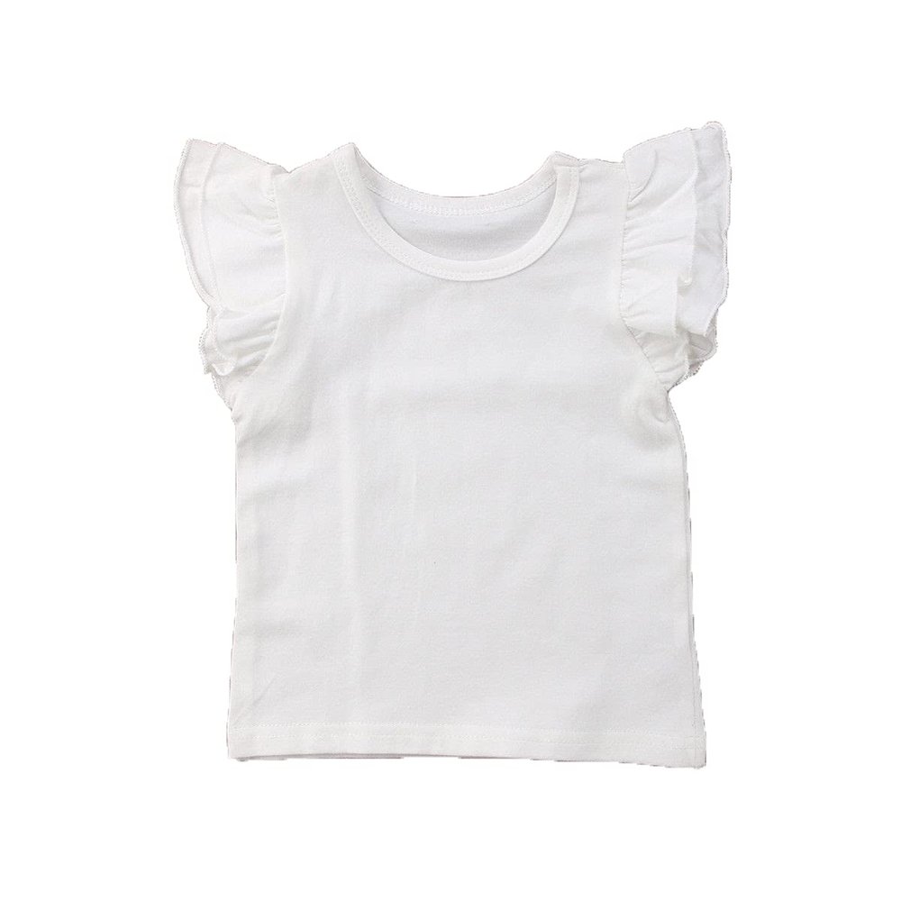 Qiylii Kids Baby Girl Plain Tee Shirts Ruffle Short Sleeve Basic Cotton T-Shirt Tops Blouse Clothes for Toddler (White, 1-2 Years)