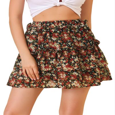 Allegra K Women's Layered Ruffle Hem Elastic Waist A-Line Skater Floral Mini Skirt X-Large Black