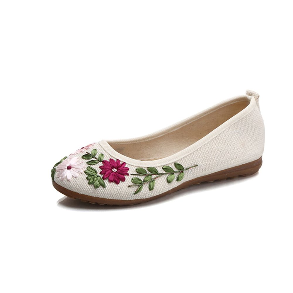 LUXINYU Women's Slip on Flats,Traditional Chinese Style Embroidered Round Toe Ballet Flats ShoesWhite 4