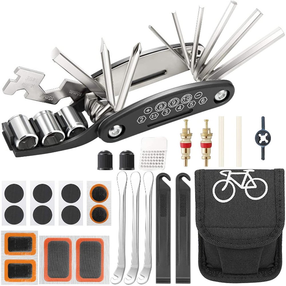 Bicycle Punture Tire Emergency Repair Set,Bike Portable Multifunction Maintenance Tool Kit,16 in 1 Multifunction Bike Tool with Patch Kit & Tyre Levers,for Traveling Riding Camping,Set