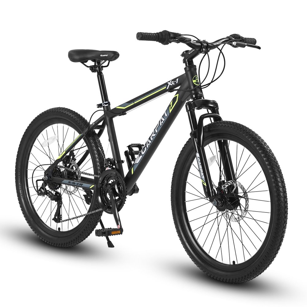 Elecony Ecarpat 24/26 Inch Mountain Bike, 21 Speeds with Mechanical Disc Brakes Aluminum/High-Carbon Steel Frame Mens Womens Mountain Bike, Front Suspension MTB Bicycle for Adult & Teenagers