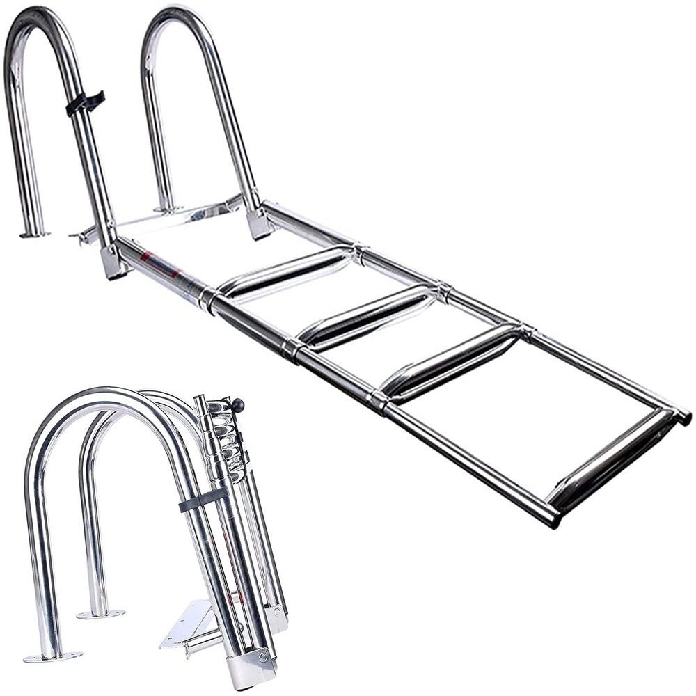 JINCAN Folding Dock Boat Ladders 4 Step, Heavy Duty Stainless Steel Marine Yacht Ladder, Removable Swim Deck Ladder with Pedal & Hand Railing
