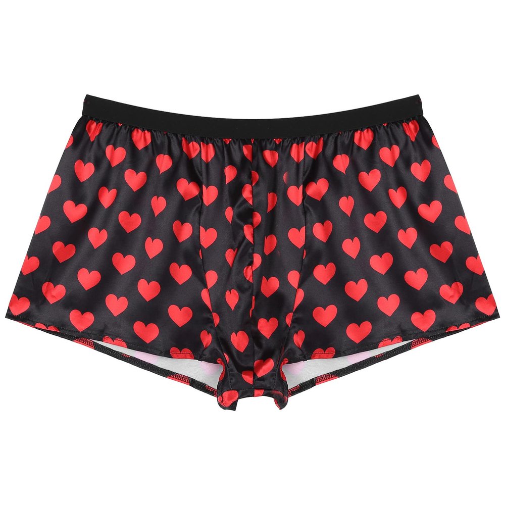 YiZYiF Men's Silky Satin Boxers Shorts Summer Loose Underwear Lingerie Shorts Heart Black Medium