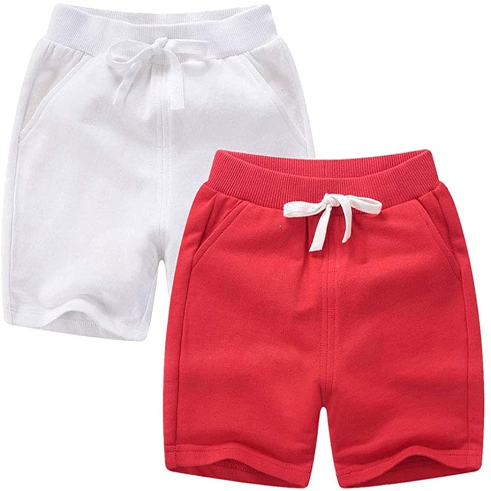 EISHOW 2-Pack Baby Boys Girls Shorts Cute Beach Short Pants Soft Cotton Shorts Active Jogger Bottoms with Drawstring Pockets (2 Pack-red+White,18-24 Months,18 Months,24 Months)