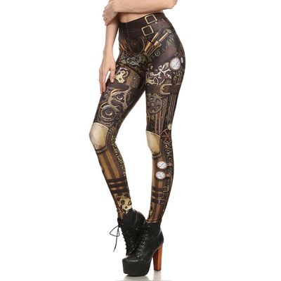 Women Steampunk Leggings Comic Cosplay Retro Punk Warrior Print Gothic Tattoo Stretchy Pants - Reg, Plus (Steam Punk, XXL=US XL)
