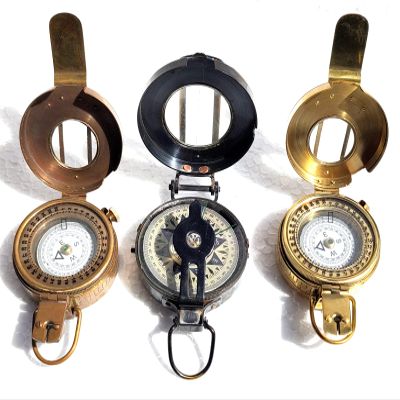 3 Piece Brown Antique & Golden Polish Antique Nautical Military Compass Vintage Shinny Brass Finish Maritime Compass Size 3" Inch