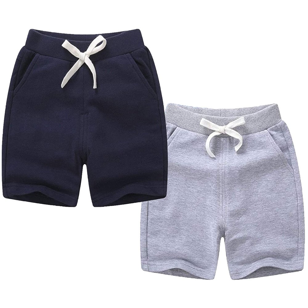 EISHOW 2-Pack Baby Boys Girls Shorts Cute Beach Short Pants Soft Cotton Shorts Active Jogger Bottoms with Drawstring Pockets (2 Pack-Gray+Navy,3-4Y,3 Years,4 Years)
