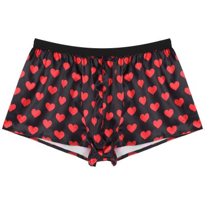 YiZYiF Men's Silky Satin Boxers Shorts Summer Loose Underwear Lingerie Shorts Heart Black X-Large