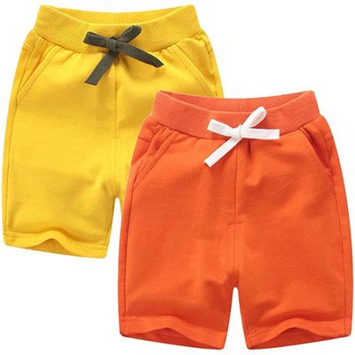EISHOW 2-Pack Baby Boys Girls Shorts Cute Beach Short Pants Soft Cotton Shorts Active Jogger Bottoms with Drawstring Pockets (2 Pack-Yellow+Orange,5-6Y,5 Years,6 Years)