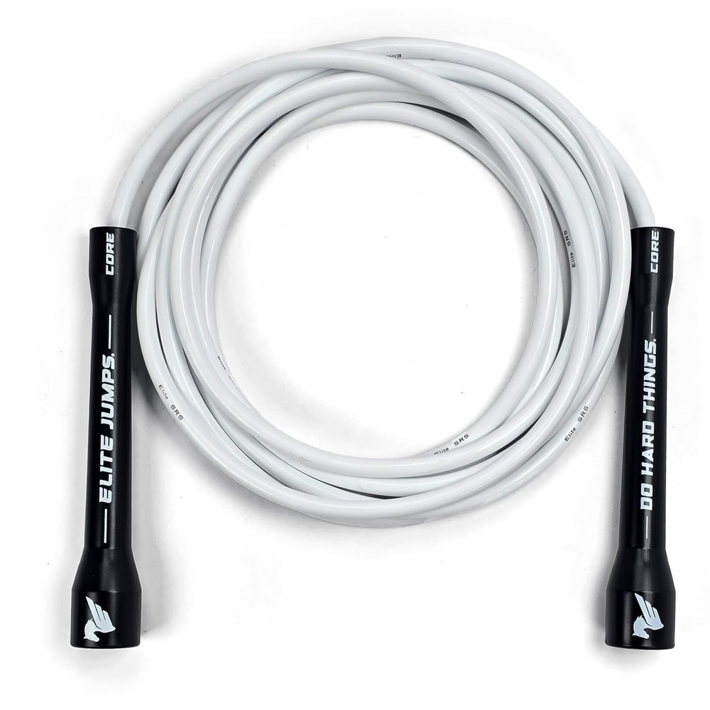Elite Jumps 6mm PVC Jump Rope  Adjustable Fitness Skipping Rope with Black Handles & White Cord  Unbreakable, Non-Kinking Design  Premium Workout Equipment for Men & Women