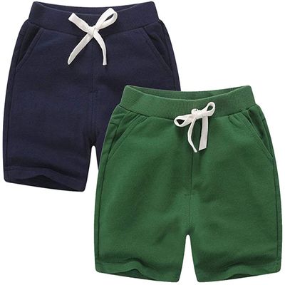 EISHOW 2-Pack Baby Boys Girls Shorts Cute Beach Short Pants Soft Cotton Shorts Active Jogger Bottoms with Drawstring Pockets (2 Pack-Black+Green,5-6Y,5 Years,6 Years)