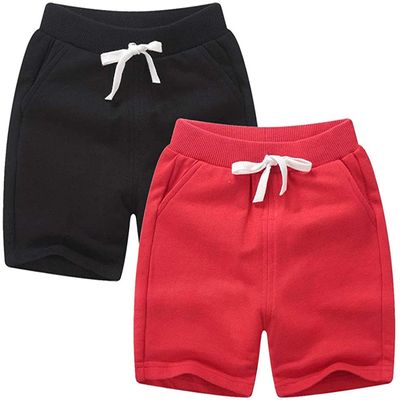 EISHOW 2-Pack Baby Boys Girls Shorts Cute Beach Short Pants Soft Cotton Shorts Active Jogger Bottoms with Drawstring Pockets (2 Pack-Black+red,3-4Y,3 Years,4 Years)