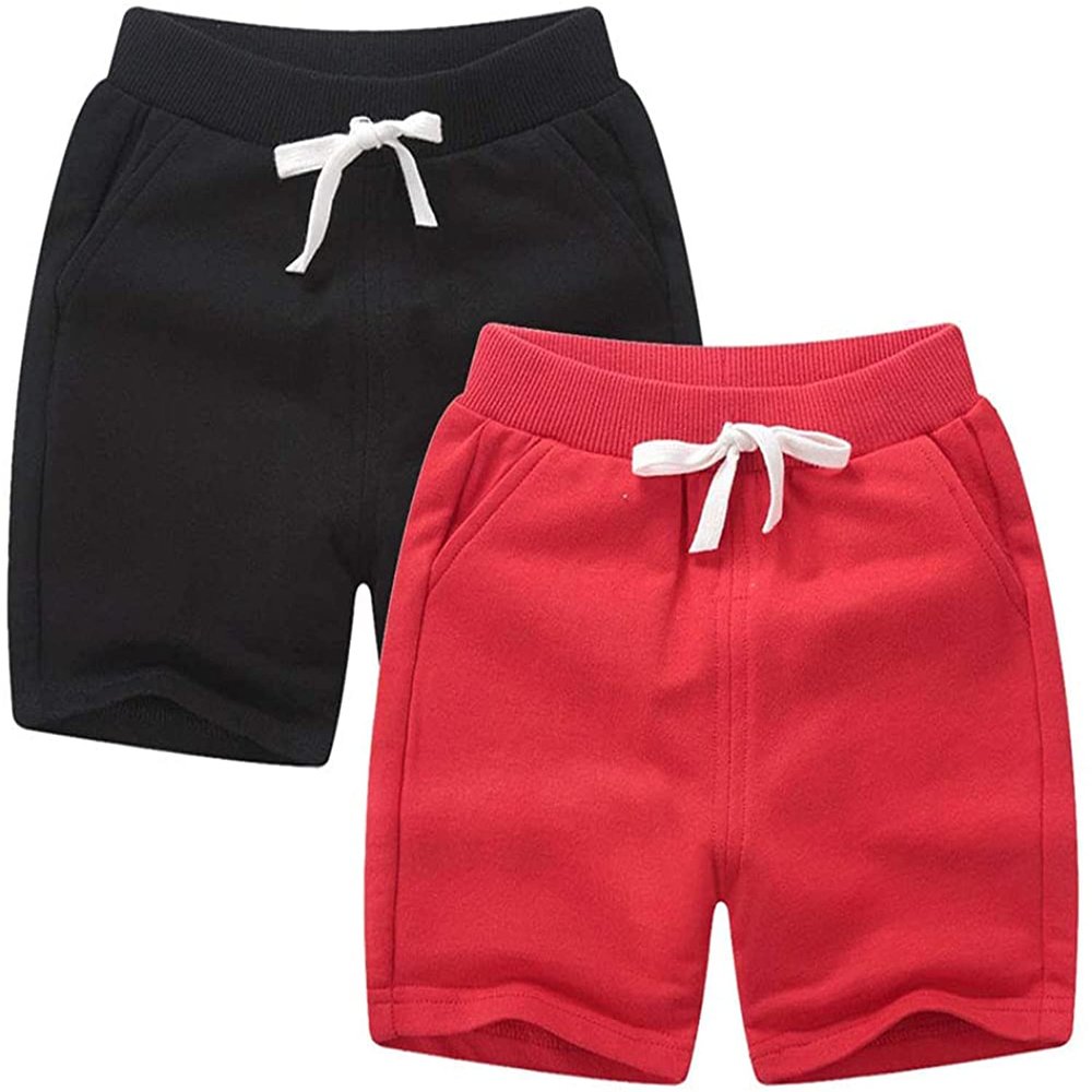 EISHOW 2-Pack Baby Boys Girls Shorts Cute Beach Short Pants Soft Cotton Shorts Active Jogger Bottoms with Drawstring Pockets (2 Pack-Black+red,3-4Y,3 Years,4 Years)