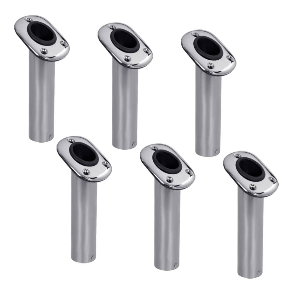 White Water 57738S-6PK Marine Stainless Steel 30 Flush Mount Fishing Rod Holders  Heavy Duty with Black PVC Liner, UV-Resistant, Oblong Base, for Boats & Decks (6 Pack)