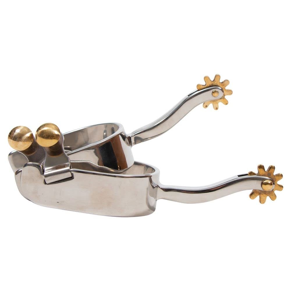 FES Youth Stainless Steel Equitation Rowel Western Spurs | Polished Look for Young Riders | Hinged Spur Button | Curved Equitation Neck | Stainless Steel & Brass Rowel | Easy Strap Attachment