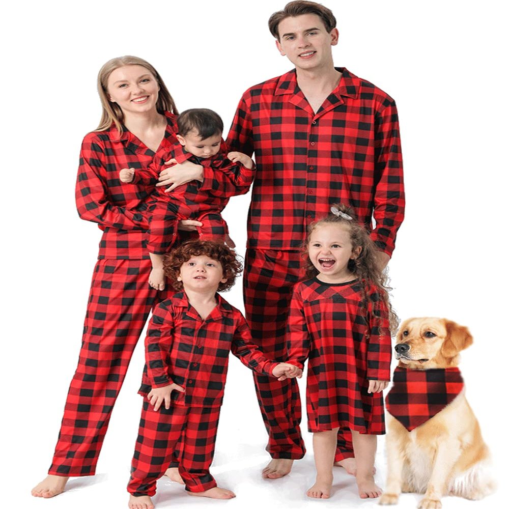 BZSFW Matching Family Christmas Pajamas Set, Red Buffalo Plaid Holiday PJs Button Up Sleepwear for Adults Kids (Boys,6-7Years,Red)