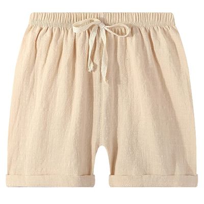 EISHOW 2-7T Toddler 3-Pack Shorts Set Baby Boy Girl Shorts Summer Cotton Linen Solid Color Short Beach Pants with Pocket (Beige,7-8Y,7 Years,8 Years)