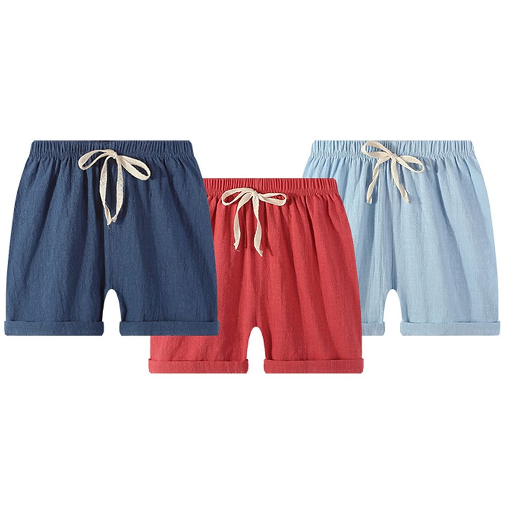 EISHOW 2-7T Toddler 3-Pack Shorts Set Baby Boy Girl Shorts Summer Cotton Linen Solid Color Short Beach Pants with Pocket (3 Pack-Navy&red&Sky Blue,2-3Y,2 Years,3 Years)