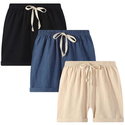 EISHOW 2-7T Toddler 3-Pack Shorts Set Baby Boy Girl Shorts Summer Cotton Linen Solid Color Short Beach Pants with Pocket (3 Pack-Black&Beige&Navy,6-7Y,6 Years,7 Years)