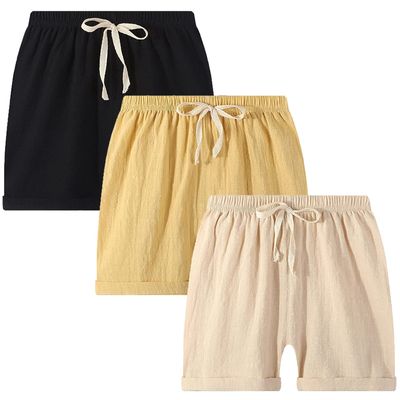 EISHOW 2-7T Toddler 3-Pack Shorts Set Baby Boy Girl Shorts Summer Cotton Linen Solid Color Short Beach Pants with Pocket (3 Pack-Black&Beige&Yellow,4-5Y,4 Years,5 Years)