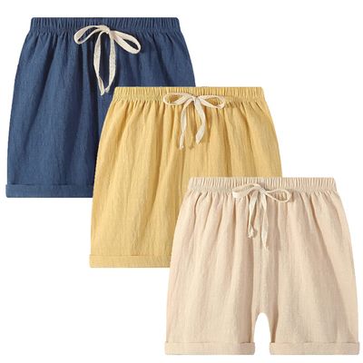 EISHOW 2-7T Toddler 3-Pack Shorts Set Baby Boy Girl Shorts Summer Cotton Linen Solid Color Short Beach Pants with Pocket (3 Pack-Navy&Beige&Yellow,5-6Y,5 Years,6 Years)